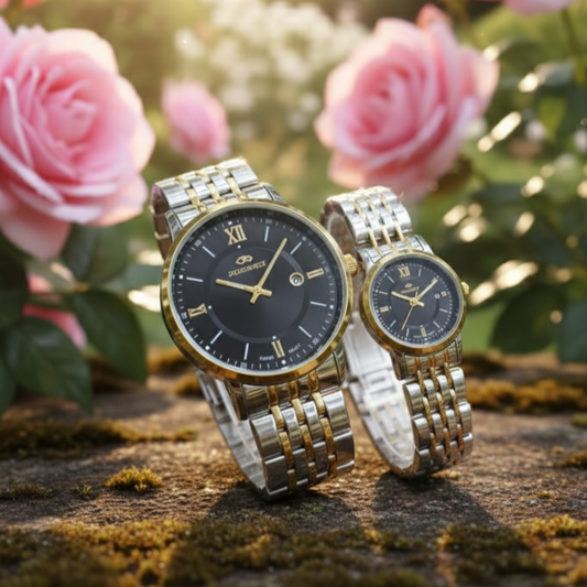 Golden Silver Strap Black Dial Couple Watch