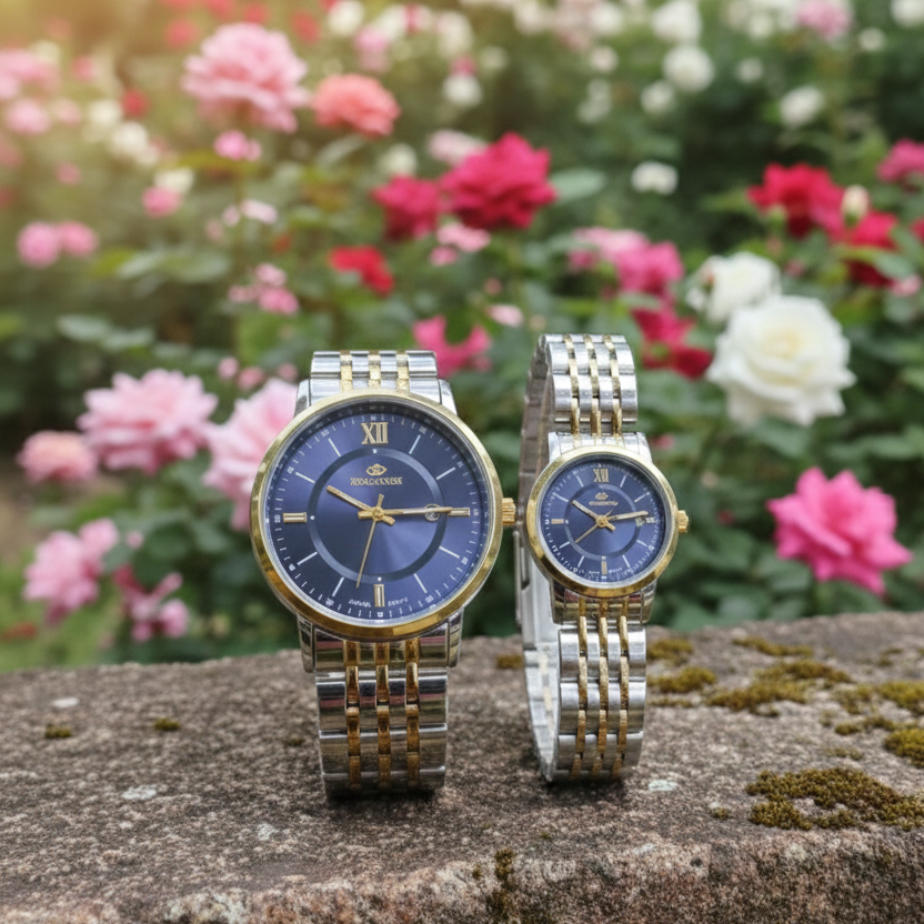 Golden Silver Strap Blue Dial Couple Watch