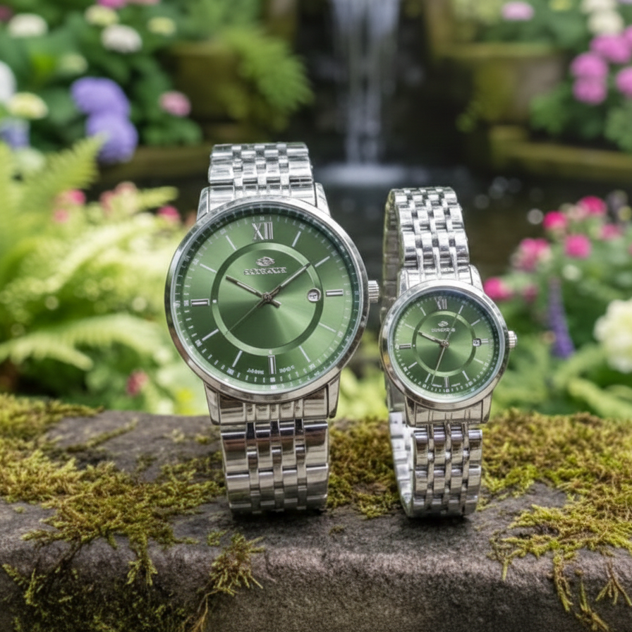 Silver Strap Green Dial Couple Watch
