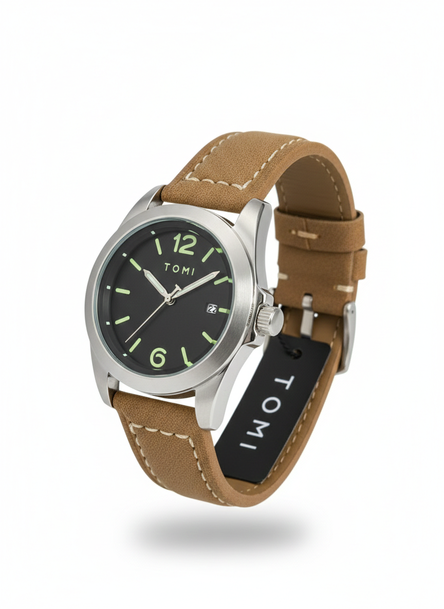Tomi Glow Dial Watch – Black Face & Light Brown Strap