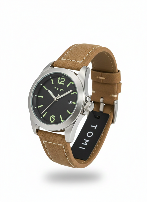 Tomi Glow Dial Watch – Black Face & Light Brown Strap