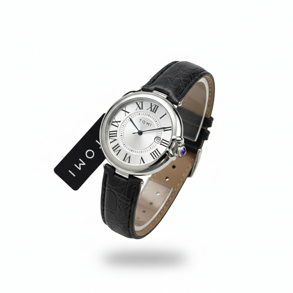 Tomi Elegant Round Watch | 3D Glass, White Dial & Black Strap (Copy)