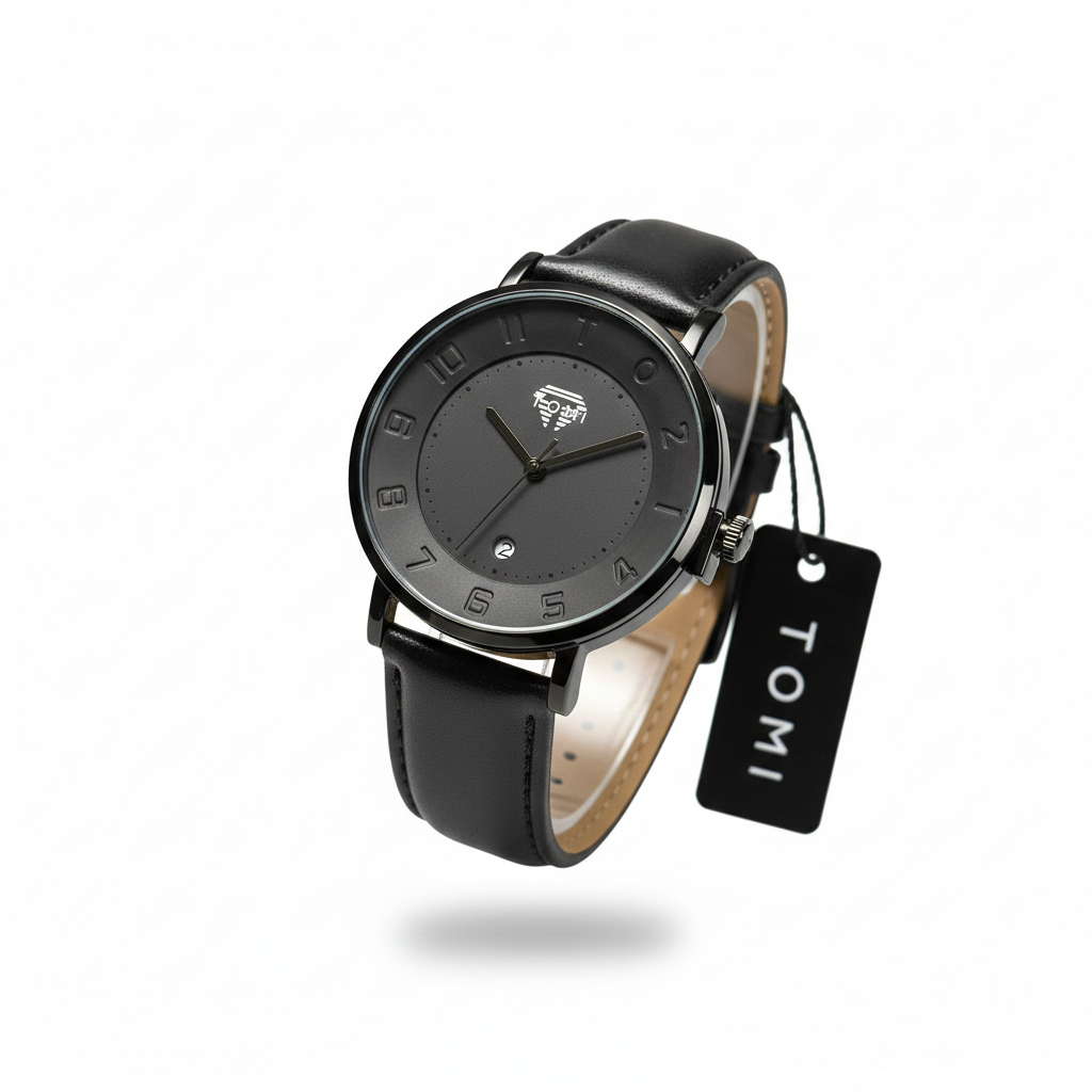 Tomi Elegant Black Dial Leather Strap Watch