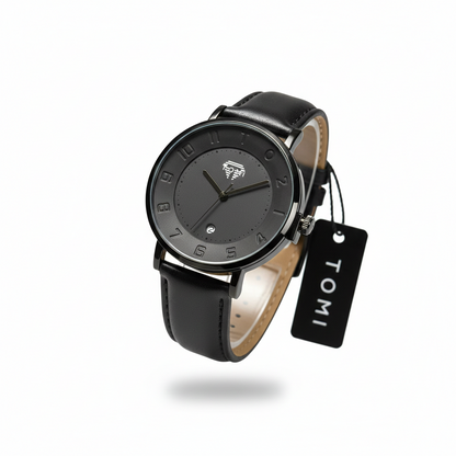 Tomi Elegant Black Dial Leather Strap Watch