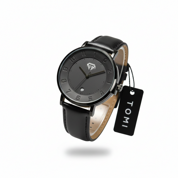 Tomi Elegant Black Dial Leather Strap Watch