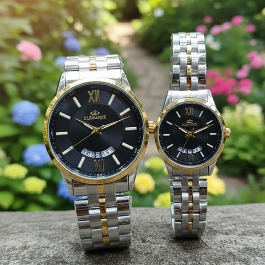 Ele-Golden Silver Strap Black Dial Couple Watch