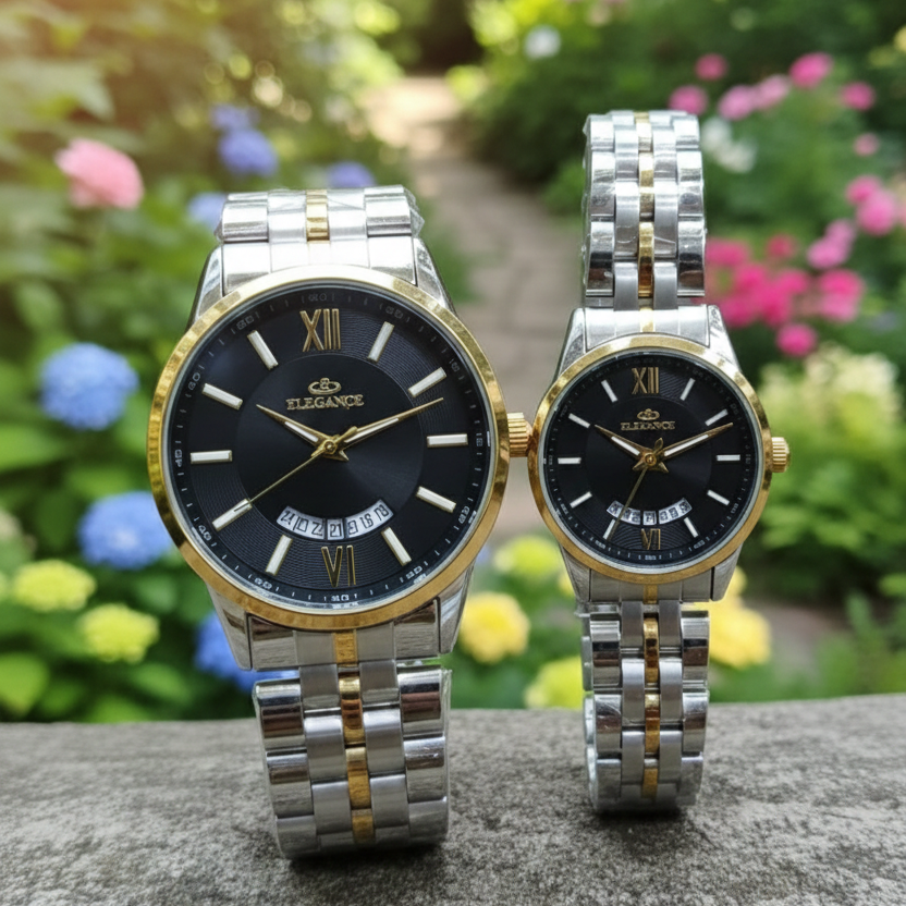Ele-Golden Silver Strap Black Dial Couple Watch