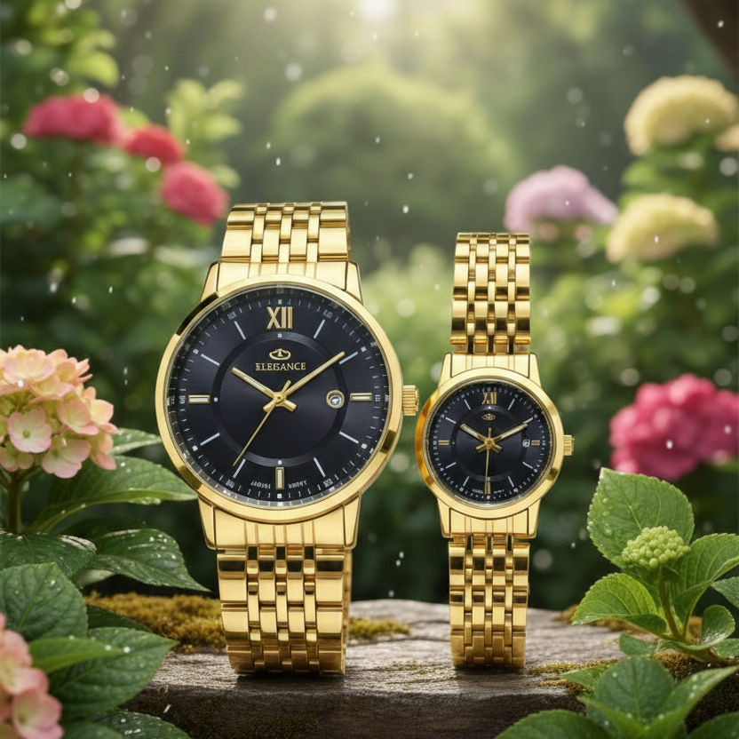Ele-Golden Strap Black Dial Couple Watch
