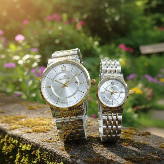 Golden Silver Strap White Dial Couple Watch