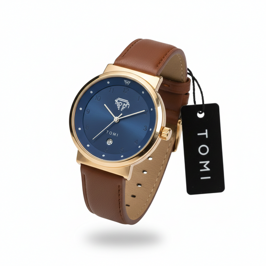 Tomi Elegant Blue Dial Leather Strap Watch