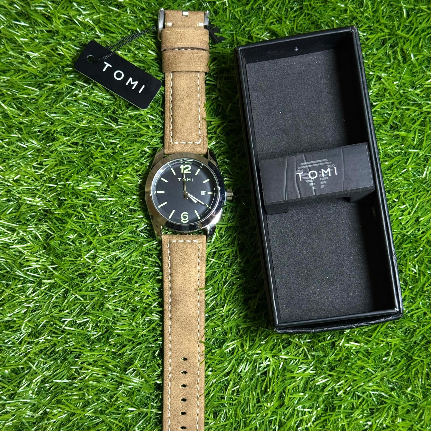 Tomi Glow Dial Watch – Black Face & Light Brown Strap