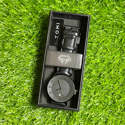 Tomi Elegant Black Dial Leather Strap Watch